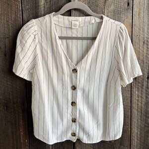 Pinstripe Linen/Cotton White Button Up Blouse Size Medium